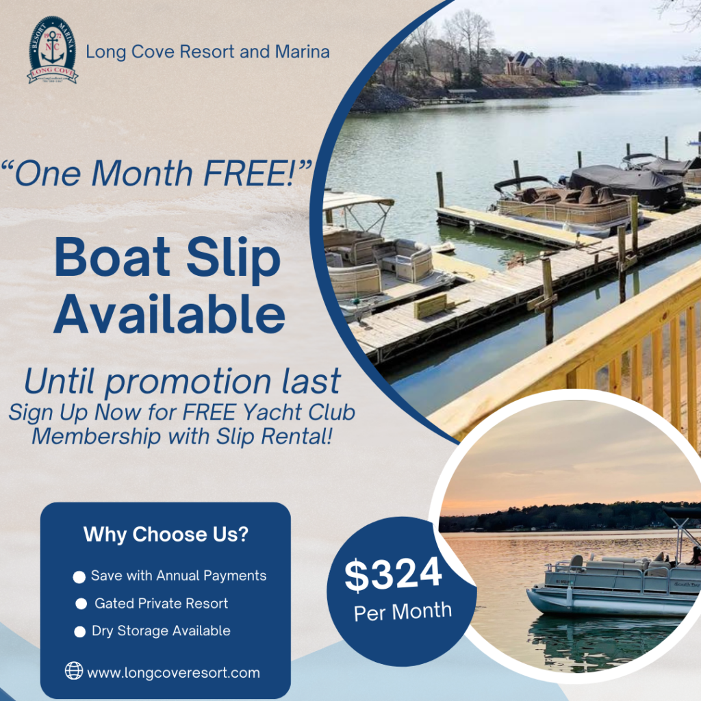 Boat slips available at Long Cove Resort and Marina offering one month free with rental until the promotion lasts, showcasing a beautiful lakefront with docked boats.