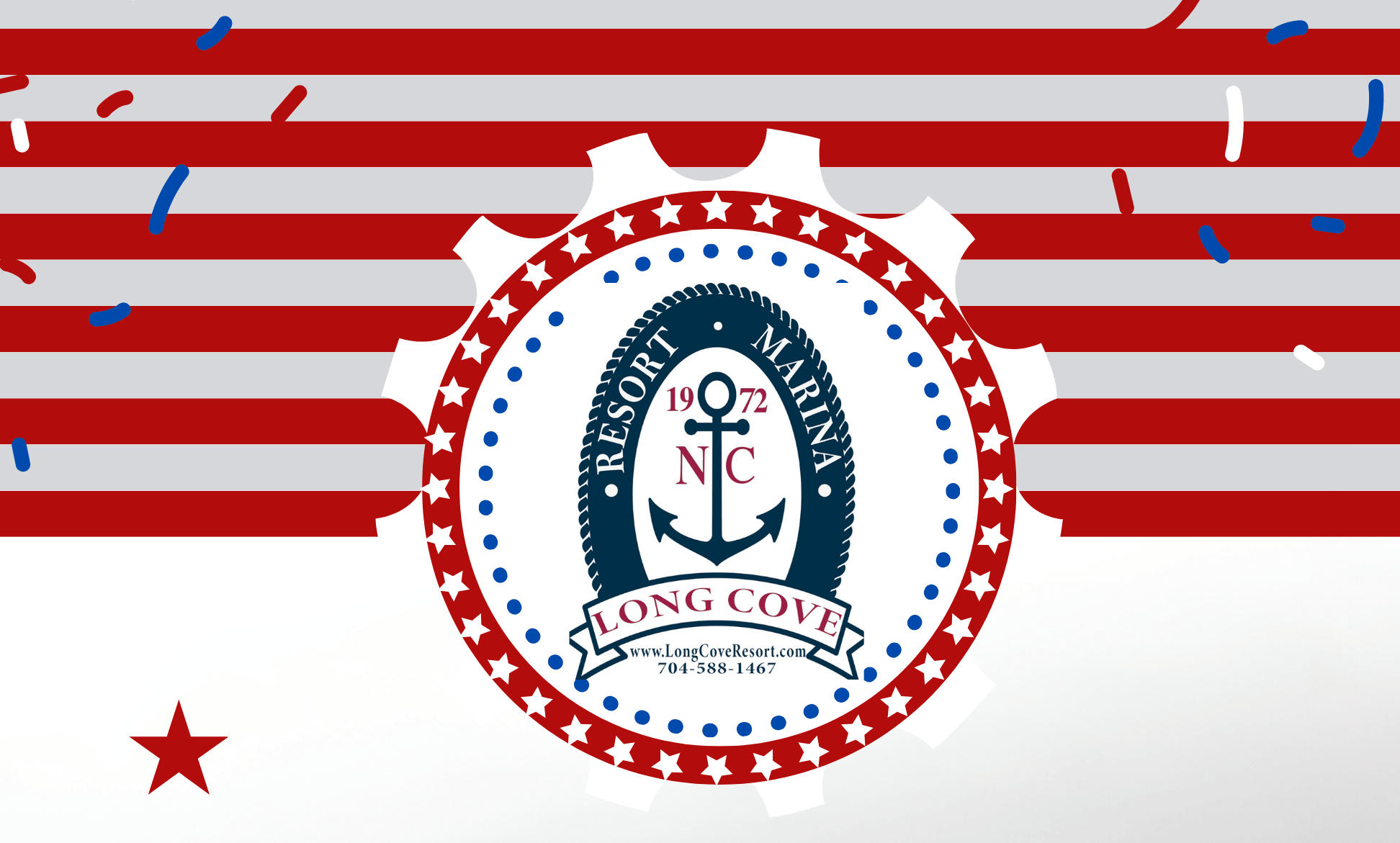 Long Cove Resort and Marina logo with a patriotic red, white, and blue theme featuring stars and stripes.