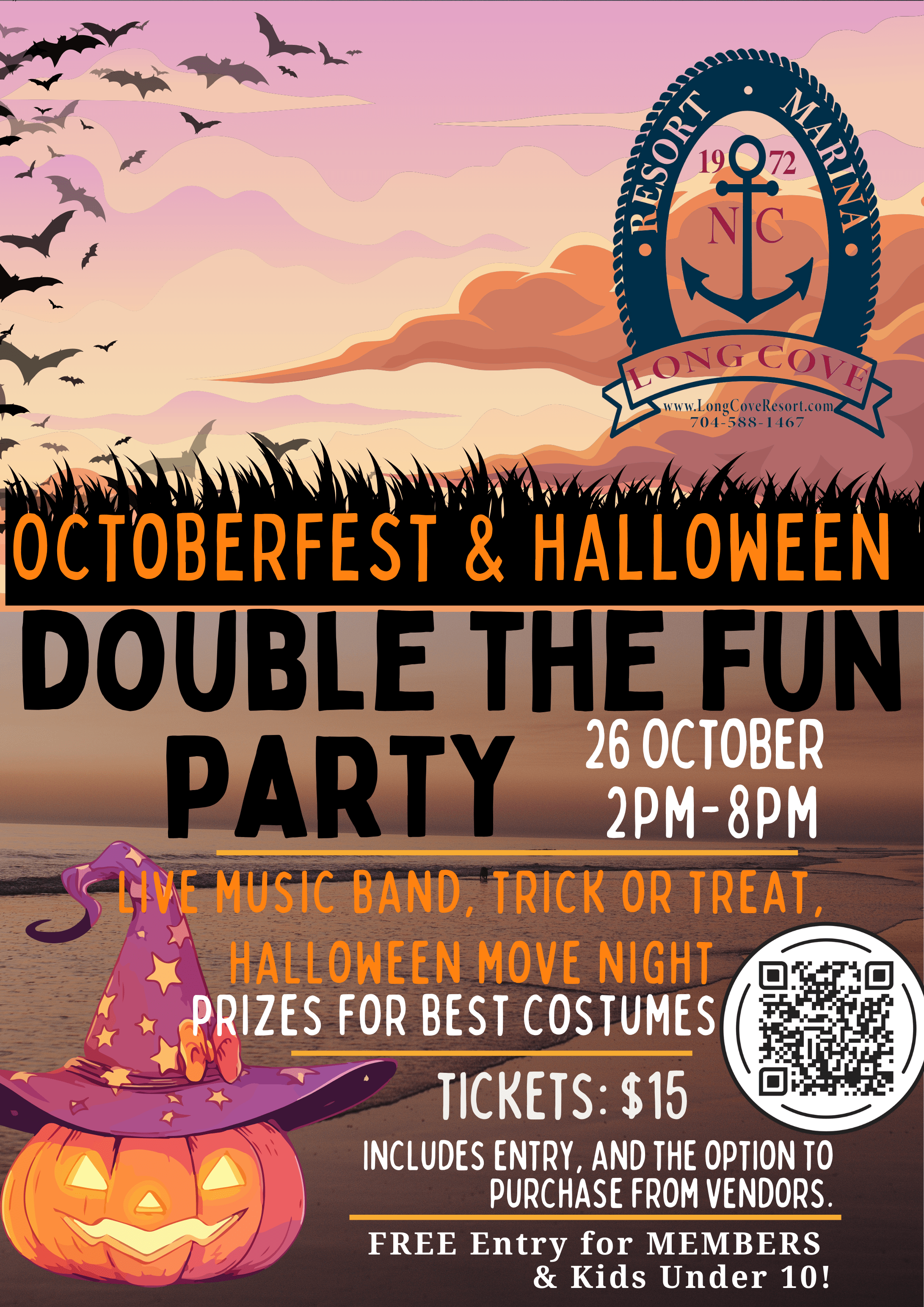 Octoberfest and Halloween event poster for Long Cove Resort with live music, trick or treat, movie night, and costume contest on October 26th, 2024.