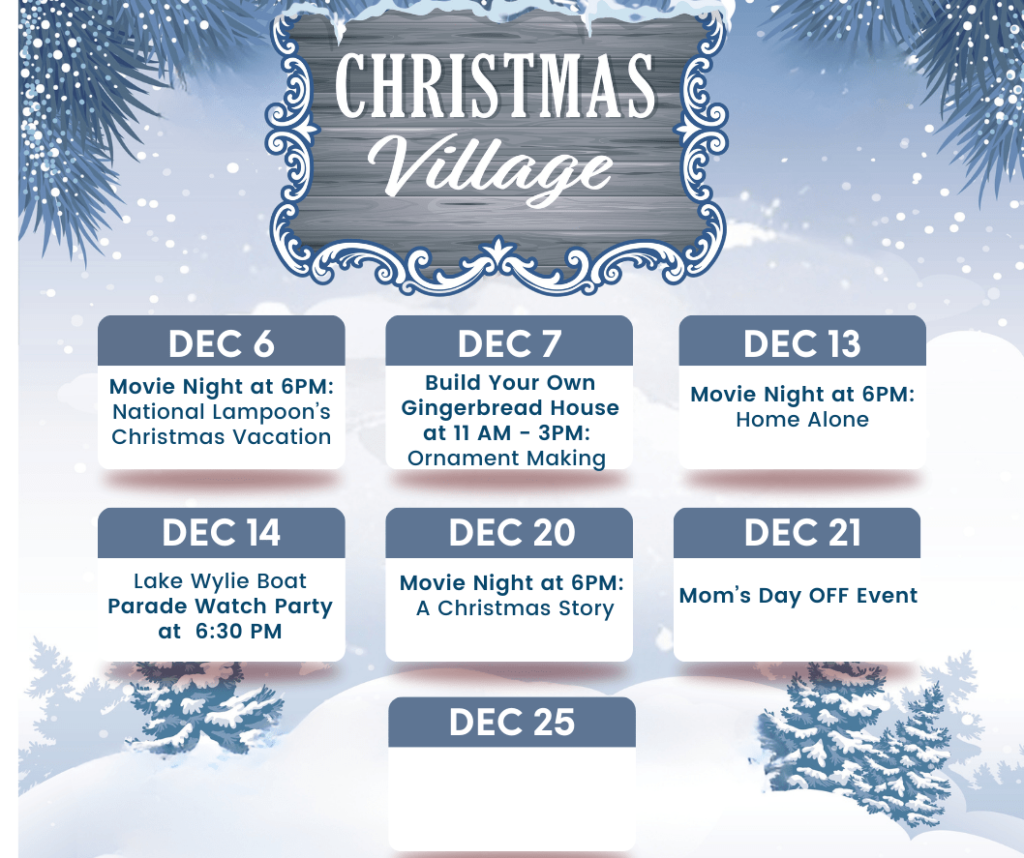 Long Cove Resort's Christmas Village schedule for December, featuring movie nights, ornament making, gingerbread house building, and a boat parade watch party.