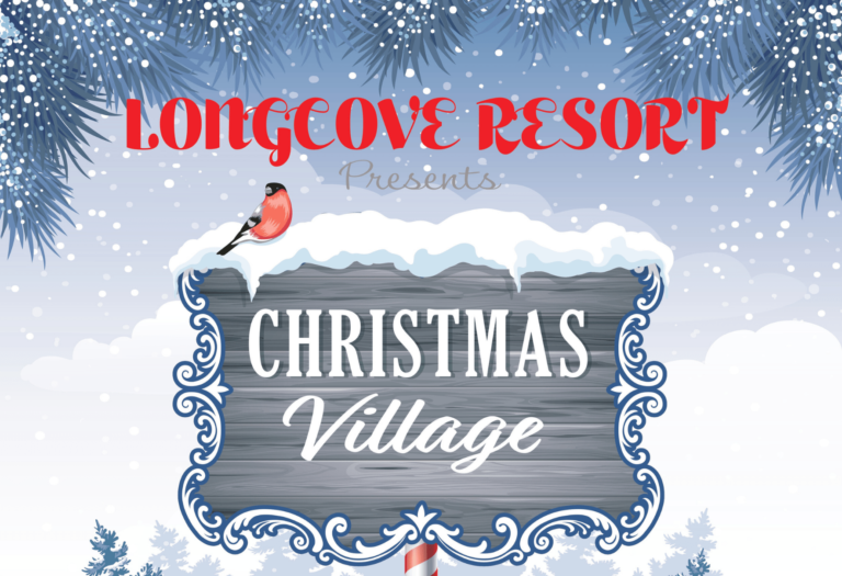 Long Cove Resort presents a Christmas Village with festive decorations, snow-covered wooden signage, and a cheerful winter atmosphere.