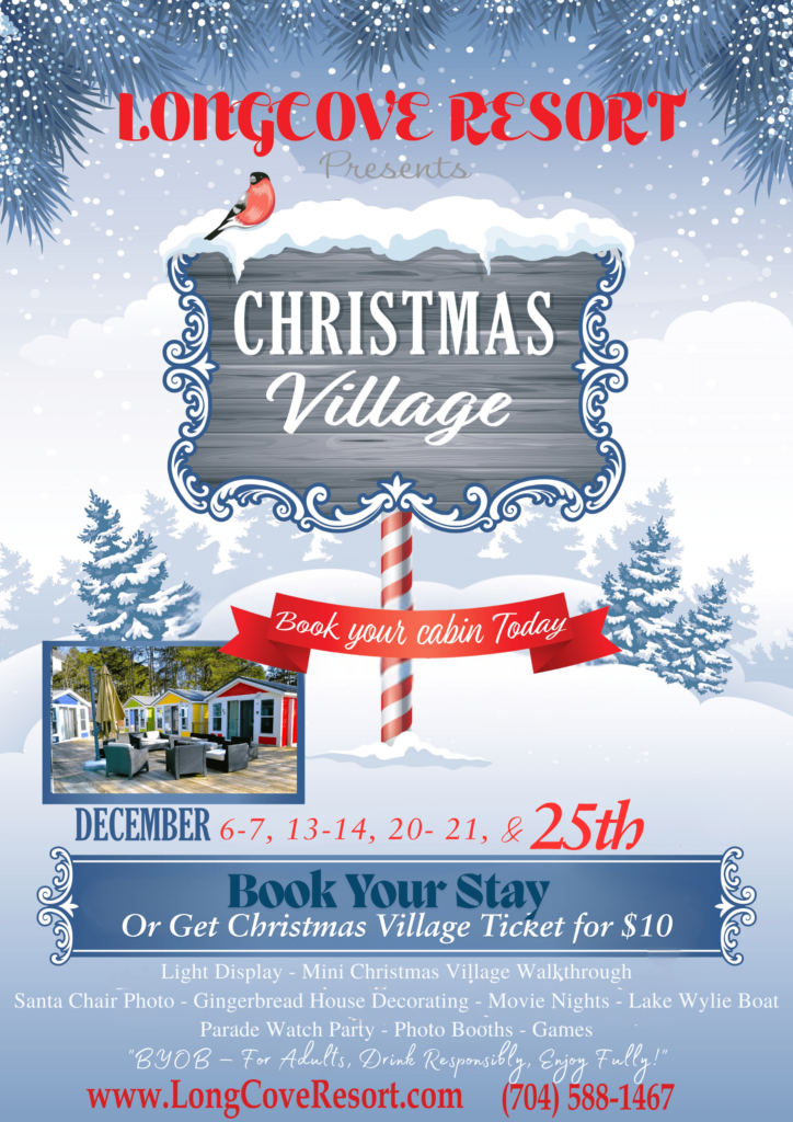 Longcove Resort Christmas Village poster with festive decorations, date details, and activity highlights.